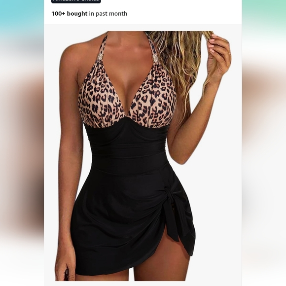 Leopard Print Halter Dress Swimsuit - Picture 1 of 6